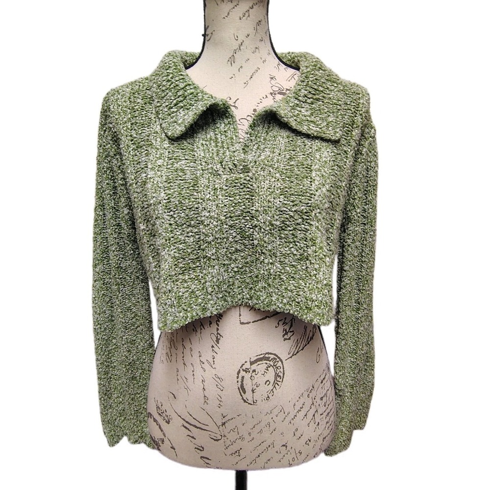 Miss Lola Womens Y2K Green Cropped Knit Sweater M Collar Marled Fall‎ Preppy